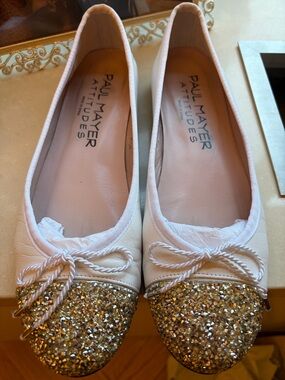 Paul Mayer Attitudes White Ballet Flats with Silver Glitter Cap Toe and Bow